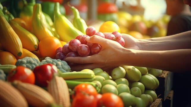 Close-up of a person's hands holding fresh fruit produce at an open-air market.
