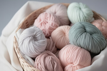 Obraz na płótnie Canvas Close Up of yarn balls. Light pastel colors of Yarns for knitting. Skeins of yarn. Knitting needles, colorful threads. Knitting wallpaper background. Generative AI professional photo imitation.