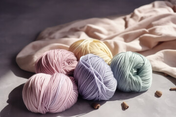 Close Up of yarn balls. Rainbow pastel colors. Yarn for knitting. Sunny day. Knitting needles, colorful threads. Knitting wallpaper background. Generative AI professional photo imitation.