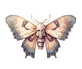 Realistic Moth Illustration with Human Skull Body on White Background