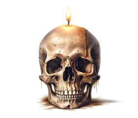 Realistic Illustration Skull of Witchcraft with Candle on Top Isolated on White Background