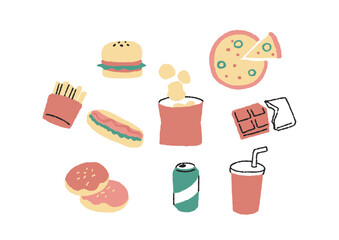 ジャンクフードのイラストセット　コミカルな手書きの人物　ベクター、温かみのある線画