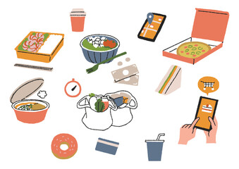 デリバリーサービスに関する食べ物やアイコンのセット　