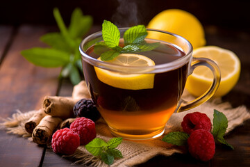 a cup of black tea with wild berries lemon and ginger, healthy tea for colds. Generative AI
