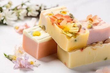 Handmade natural soap bars with flowers. AI generated image.