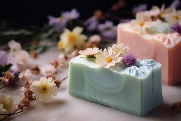 Fototapeta na wymiar Handmade natural soap bars with flowers. AI generated image.