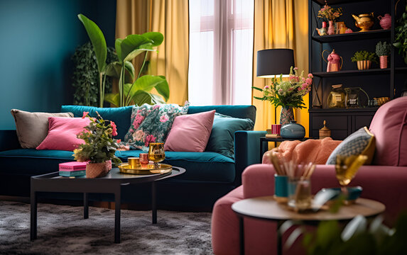 Living room interior design in barbiecolor and maximalism style using trendy pink and blue color. Generative AI
