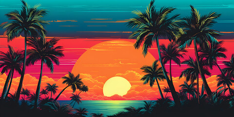 Fototapeta na wymiar Aesthetic art collage with awesome view of nature with palm trees in the vivid colours in retro wave style Generative AI