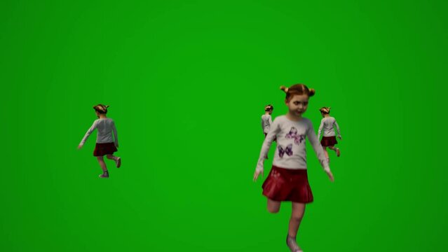 different little kindergarten boys and girls on green screen background playing and jumping and talking with their friends and running around the school yard in several different views