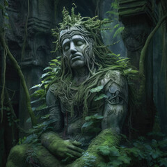 overgrown ancient statue monument sculpture - by generative ai