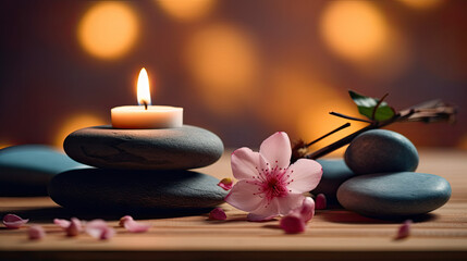 spa still life with candles and orchid, sakura cherry blossom zen wellness - by generative ai