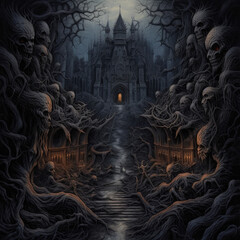 scary halloween background, path to the vampire manor  grim dark fantasy - by generative ai