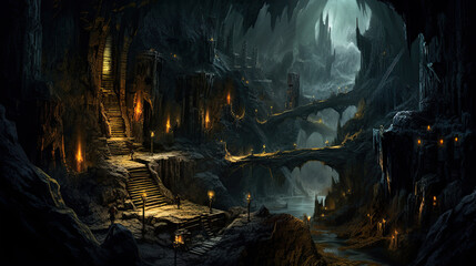 grim dark fantasy cave mine undergrounds landscape ruins - by generative ai