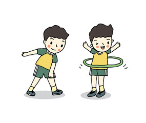 Cute boy doing exercise, hula hoop, stretching. Hand drawn style vector.