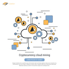 Cryptocurrency cloud mining, cloud computing, data processing flat contour style vector concept illustration