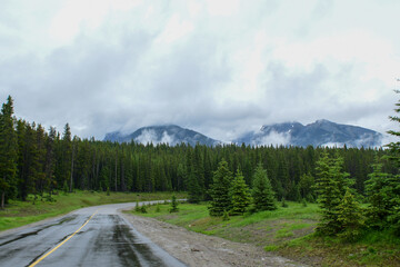 Fototapeta na wymiar Beautiful road in the Canadian Rocky Mountains surrounded by green trees