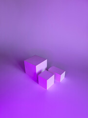 Violet stand podium with square overlay background. Luxury geometric forms. Abstract minimal scene for mockup products, square stage for showcase, promotion display.