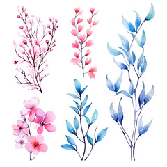 Fototapeta na wymiar Set of pink and blue floral watecolor. flowers and leaves. Floral poster, invitation floral. Vector arrangements for greeting card or invitation design