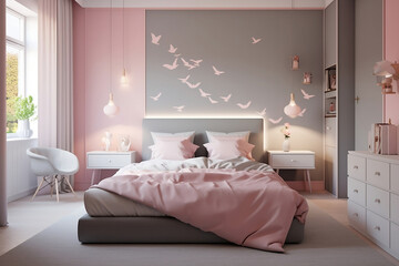 interior of a girl bedroom with pink and grey decoration