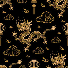 Seamless pattern happy chinese new year 2024 the dragon zodiac sign with asian elements paper cut style on color background. ( Translation : happy new year 2024 year of the dragon )