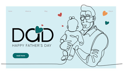 Hugs of a father with a child. One continuous line drawing banner, background, poster with family embrace. Happy Father Day simple vector illustration of child and father. Vector illustration