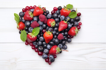 Heart, formed from different berries like strawberries, blackberries, raspberries and blueberries. Created using AI tools.