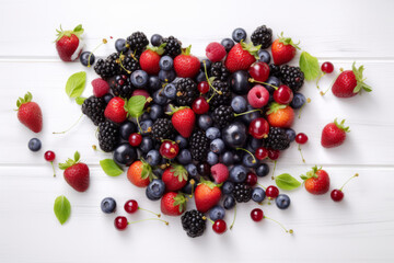 Heart, formed from different berries like strawberries, blackberries, raspberries and blueberries. Created using AI tools. - Powered by Adobe