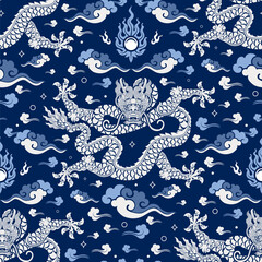 Seamless pattern happy chinese new year 2024 the dragon zodiac sign with asian elements paper cut style on color background. ( Translation : happy new year 2024 year of the dragon )