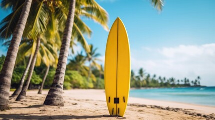 Yellow surfboard leaning against a palm tree with a tropical beach in the background. Generative AI.