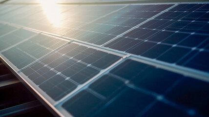 Close-up of solar panels with sunlight. Generative AI - obrazy, fototapety, plakaty