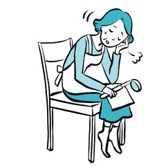 家事に疲れて椅子に座りこんでしまうおばあちゃんの手書き風モノクロイラスト