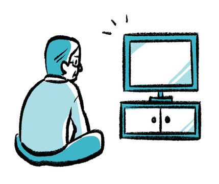 1人でテレビを見るおじいちゃんの手書き風イラスト