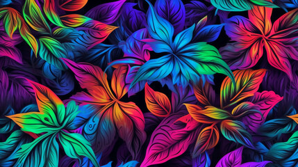 Fototapeta premium Jungle leaf pattern, hawaiian, hibiscus, neon bright colorful. AI generative