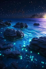 Ocean shore at night, the water is full of dinoflagellates, glowing with millions bright blue neon glow in the dark tiny dots. AI generative