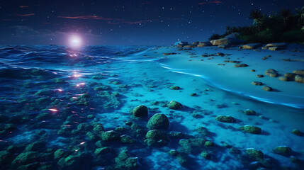Ocean shore at night, the water is full of dinoflagellates, glowing with millions bright blue neon glow in the dark tiny dots. AI generative