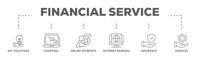 Financial service banner web icon vector illustration concept with icon of key solutions, shopping, online payments, internet banking, insurance and services
