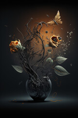 Dark magic arrangement, autumn floral still life, flying golden leaves, AI generated