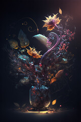 Dark magic arrangement, autumn floral still life, flying golden leaves, AI generated - 604187037