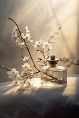 Still life photography, transparent perfume bottle in the center, stones, branches, flowers. AI generative - obrazy, fototapety, plakaty