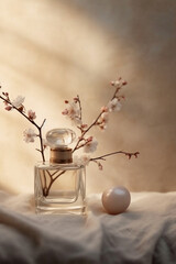 Still life photography, transparent perfume bottle in the center, stones, branches, flowers. AI generative