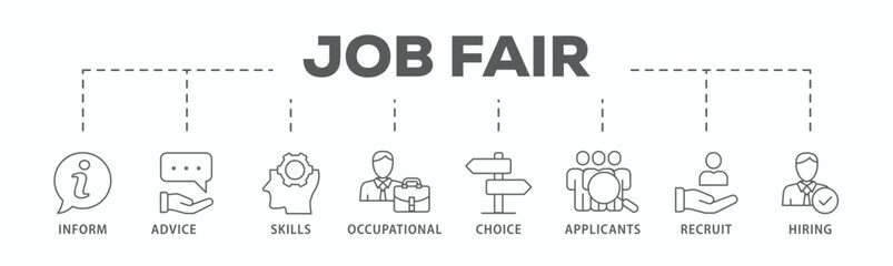 Job fair banner web icon vector illustration concept for employee recruitment and onboarding program with an icon of the information, advice, skills, occupational, applicants, recruit, and hiring

