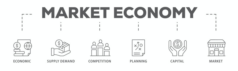 Market economy banner web icon vector illustration concept with icon of economic, supply demand, competition, planning, capital, market
