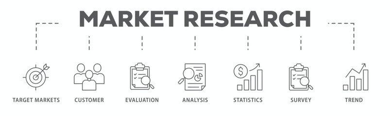 Fototapeta na wymiar Market research banner web icon vector illustration concept with icon of target markets, customer, evaluation, analysis, statistics, survey and trend 