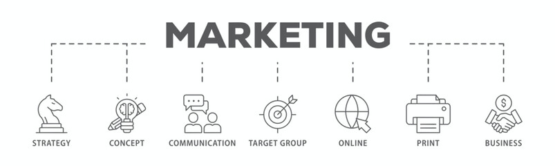 Marketing banner web icon vector illustration concept with icon of strategy, concept, communication, target group, online, print and business
