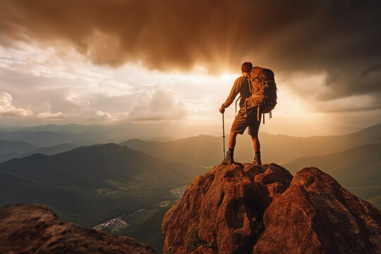 Successful hiker hiking a mountain pointing to the sunset. AI generative © SANGHYUN