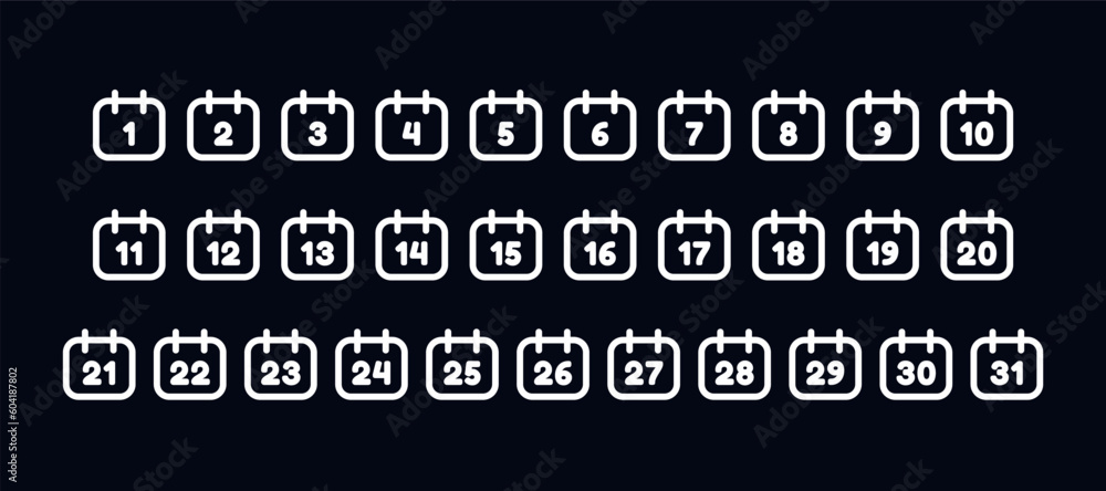 Poster vector white calendar icons by month dates. daily calender icon. set of callendar line icons with th