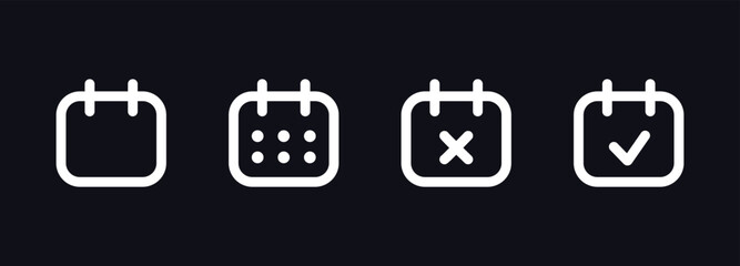 White line set of calendar icons. Simple, abstract callendar. High quality outline callender icons for web site, mobile app, infographic, etc. Vector icons.