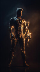 Photo realistic illustration of a superhero powering up for battle. Anatomy and lighting reference. Generative AI.