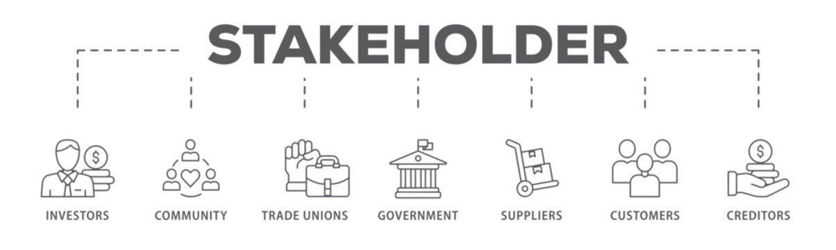 Stakeholder relationship banner web icon vector illustration concept for stakeholder, investor, government, and creditors with icon of community, trade unions, suppliers, and customers
