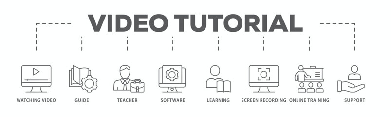 Video tutorial banner web icon vector illustration concept with icon of watching video, guide, teacher, software, learning, screen recording, online training, support
 - obrazy, fototapety, plakaty